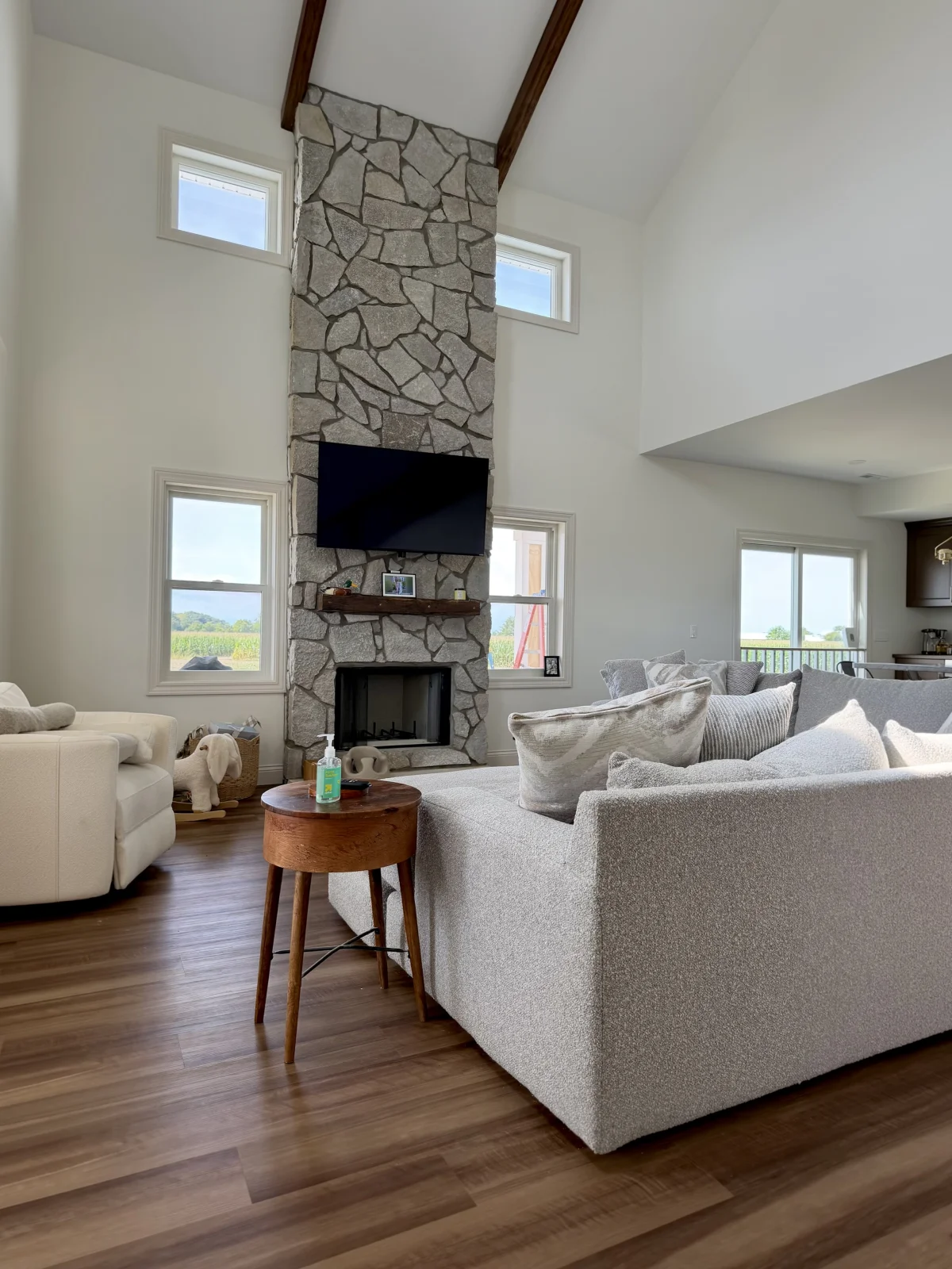 Stone fireplace in a New Haven custom home